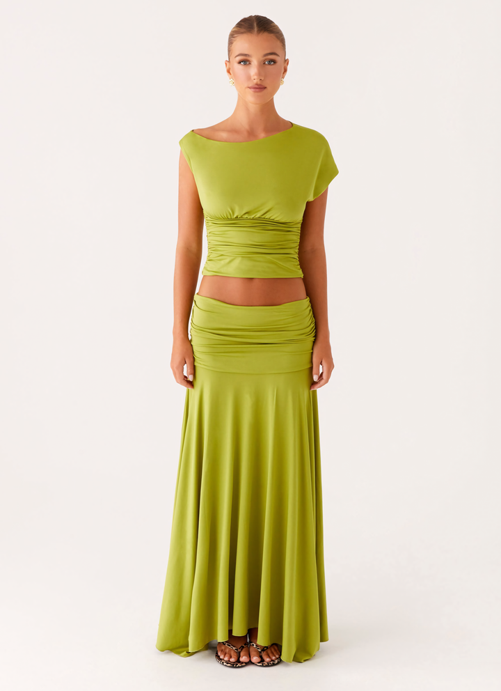 Marina– Ruched Satin Maxi Set